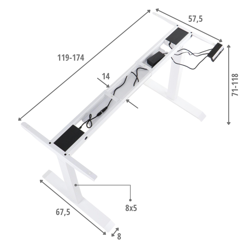 Stelaż UT04E-2T/W z elektryczną regulacją wysokości w zakresie 71-118 cm; 2-silnikowy, kolor biały