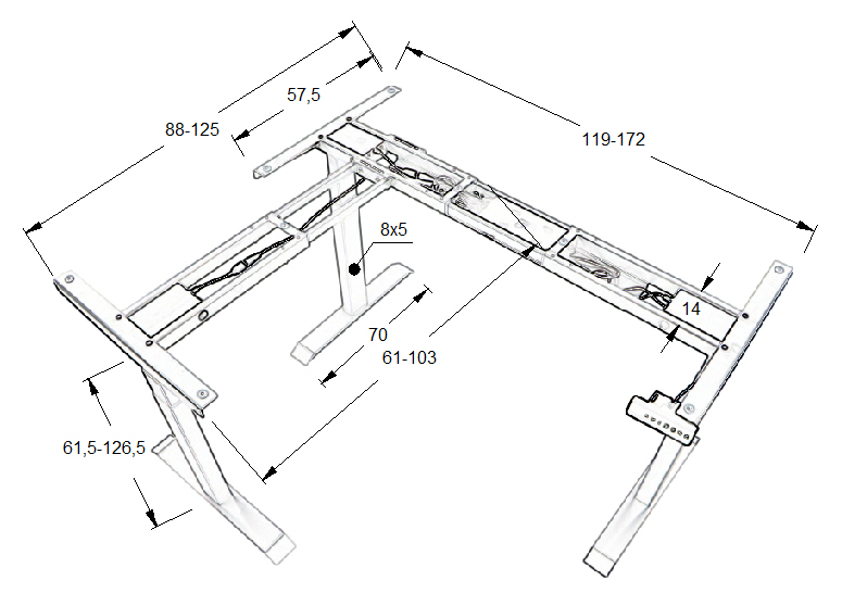 Stelaż UT04-3T/90A/A z elektryczną regulacją wysokości w zakresie 61,5-126,5 cm, 3 silniki/3 segmentowa kolumna, kolor aluminium