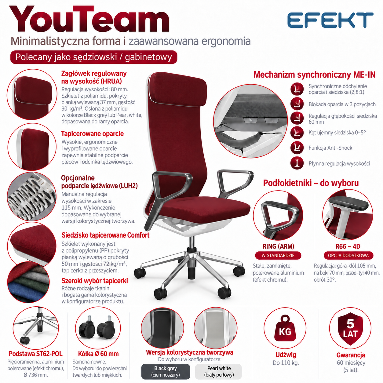 Fotel ergonomiczny sędziowski i gabinetowy wysoki YouTEAM z zagłówkiem