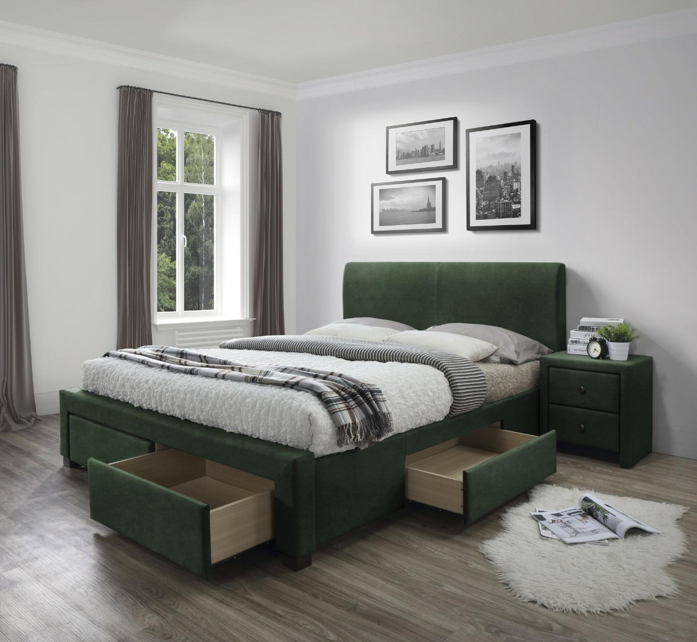 MODENA 3 łóżko z szufladami ciemny zielony velvet