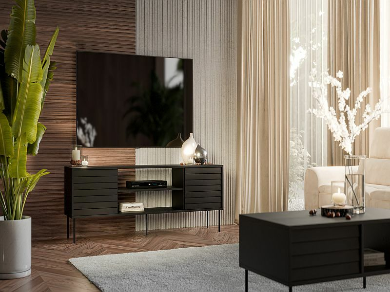 CORTINA szafka RTV 180 EF  czarny/czarny ( 1 szt.=1 p. ), z możliwością montażu kominka - kupowany oddzielnie