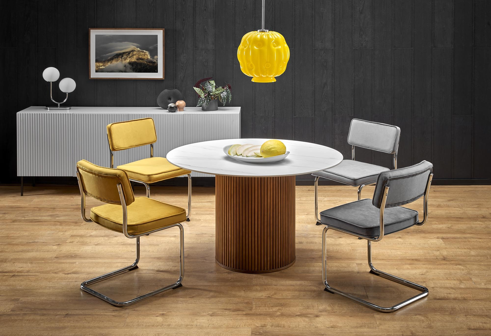 BRUNO stół okrągły fi 120/76 cm, biały marmur / orzechowy