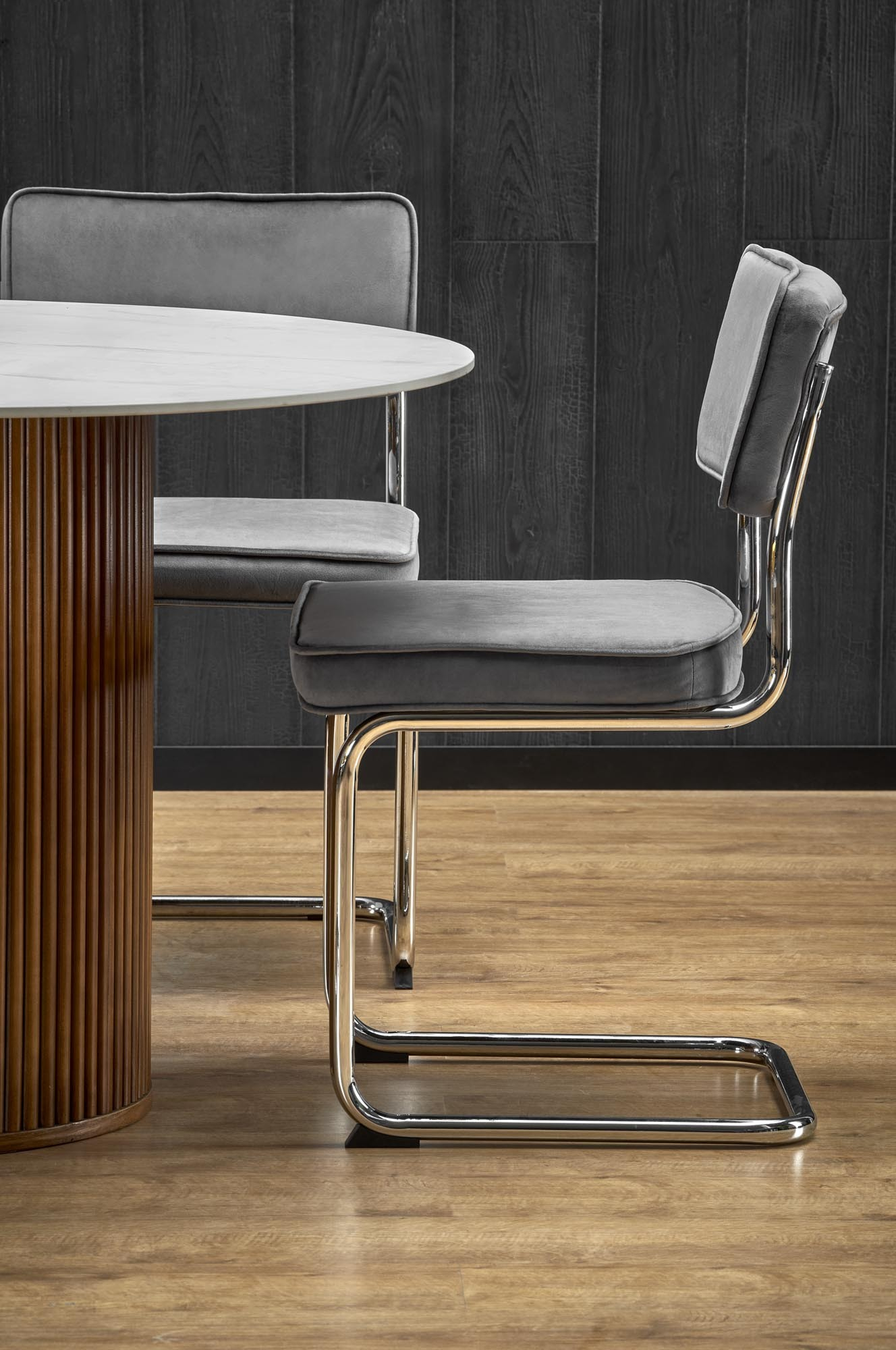 BRUNO stół okrągły fi 120/76 cm, biały marmur / orzechowy