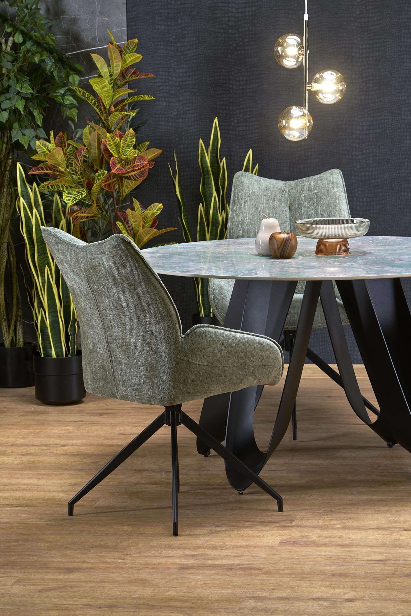 GIOVANI stół okrągły 135/76/60 cm, blat - zielony marmur, nogi - czarny